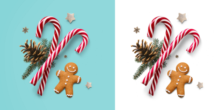 Christmas design element composition with fir tree branches and holiday ornament on transparent.