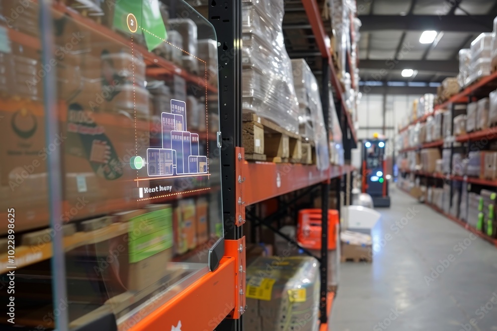Poster a busy warehouse filled with shelves of goods features a digital display indicating inventory levels