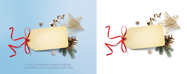 Christmas greeting card and Christmas decorations composition on transparent background. Flat lay, top view. Real transparent neutral shadow