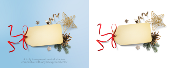 Christmas greeting card and Christmas decorations composition on transparent background. Flat lay, top view. Real transparent neutral shadow