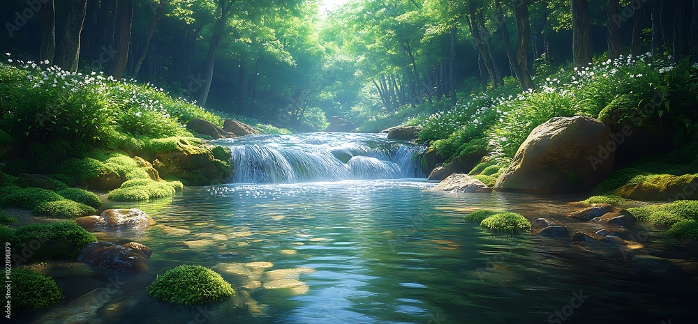 Poster tranquil forest stream flowing over mossy rocks with sunlight filtering through the trees.