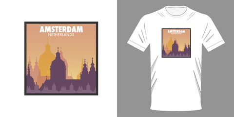Vector illustration t-shirt AMSTERDAM PANORAMA, NETHERLANDS. View of the city in the rays of sunset. T-shirt with minimalist design. Retro print for typography printing