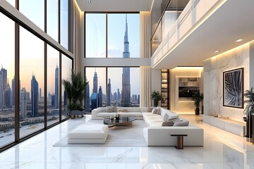Luxurious Penthouse Living Room with Breathtaking City Skyline View in Dubai