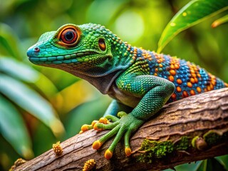 Fototapeta premium Vibrant Tokay Lizard Perched on Tree Branch in Lush Green Jungle Habitat Under Bright Sunlight