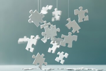 Fototapeta premium A pile of white jigsaw puzzle pieces scattered on a background