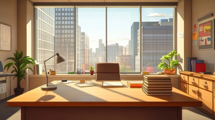 Fototapeta premium A well-lit office with a desk, chair, and city view, conveying a professional atmosphere.