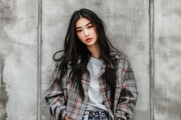 Fototapeta premium A woman in a plaid shirt leans against a concrete wall looking effortlessly cool