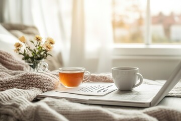 A to-do list beside a laptop and cup of tea, bright light, cozy blanket background.
