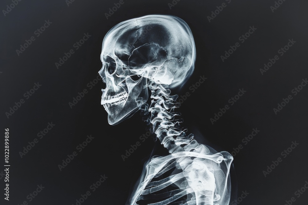 Poster a clear side profile of a human skeleton displayed through an x-ray, showing distinct features of th
