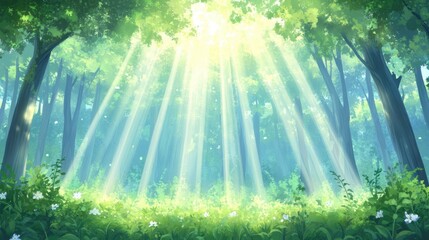 Sunlit forest grove with lush green foliage and tranquil atmosphere