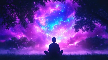 Silhouette of person meditating under a vibrant starry sky in a mystical forest setting
