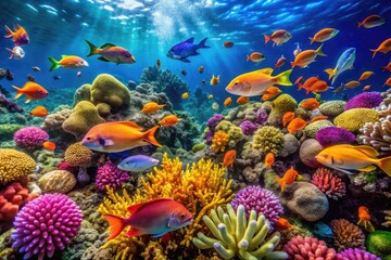 Vibrant Underwater Scene Featuring a Diverse Array of Colorful Fish in a Coral Reef Habitat