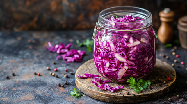 Top View of Pickled Red Cabbage in Glass Jar on Dark Rustic Background