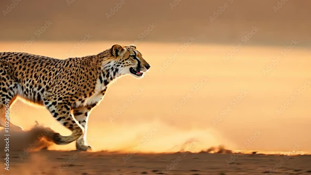 Poster a cheetah is running across a sandy field