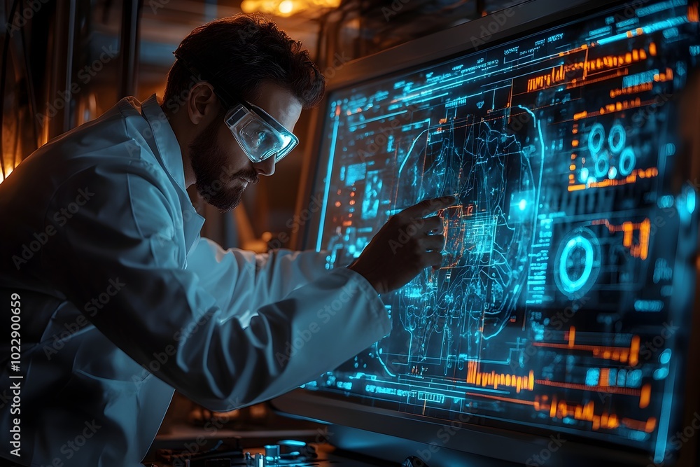 Poster scientist interacting with advanced 3d holographic interface in futuristic laboratory