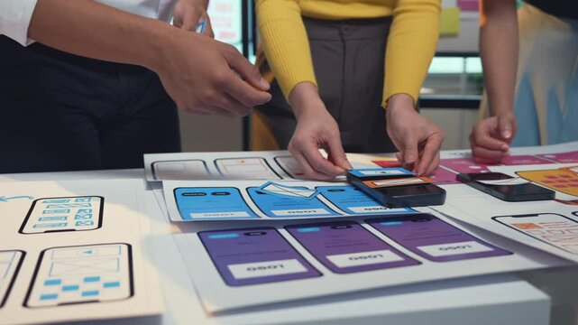 Designers working together on an app interface, arranging and rearranging paper prototypes on a table