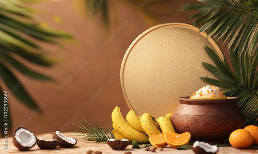 Wall mural 3D podium with a round background, an Indian traditional pot, and coconut fruits on the side of it, on a brown color background