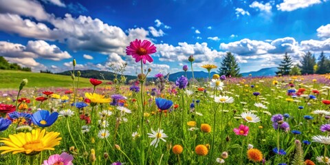 Obraz premium Vibrant Wildflowers Blooming in a Lush Green Meadow Under Bright Blue Sky During Spring Season