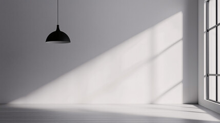 Minimalist room with a single black pendant light casting shadows on a plain white wall