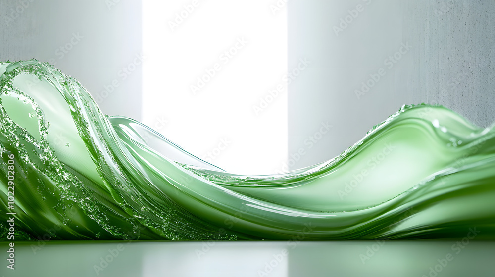 Poster Green wave on gray background with white walls in foreground and background