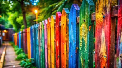 Vibrant Wooden Fence with Colorful Paint, Rustic Charm and Artistic Expression in Outdoor Setting