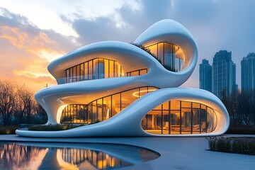 Fototapeta premium Futuristic Luxury Architecture with Minimalistic Curved Design in Surreal Sunset Cityscape