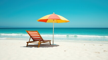 Minimalist Beach Scene with Chairs and Umbrella Overlooking the Sea