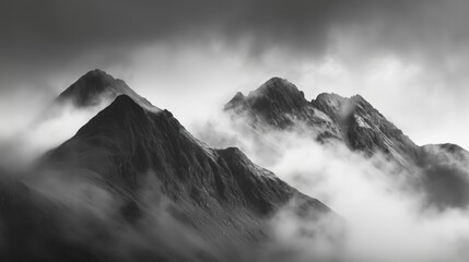 Misty mountains shrouded in clouds, dramatic landscape