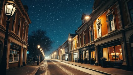 Fototapeta premium Snow Falling at Night on a Quiet English Street - Double Exposure Photography