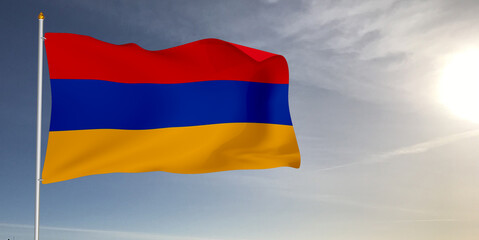 Armenia national flag cloth fabric waving on beautiful grey sky Background.