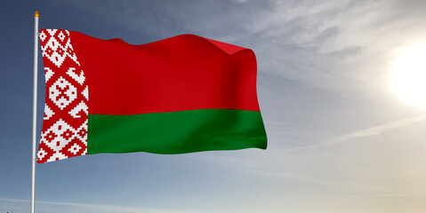 Belarus national flag cloth fabric waving on beautiful grey sky Background.