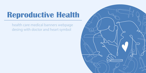 Fertility clinic banner with embryologist doctor on blue background. Female reproductive system. Health care and treatment, medicine.