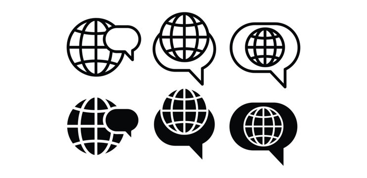set of language chat speech bubble with globe icon symbol sign vector design black white color simple illustration collection