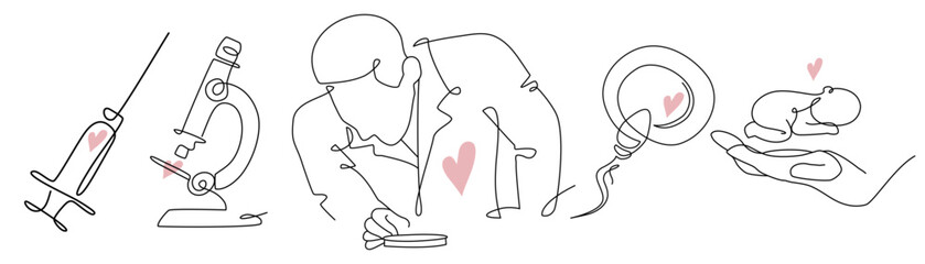 Vector icons set of reproductive clinic. Embryologist, microscope, sperm and egg, syringe in one line style. Health care and treatment, medicine. 