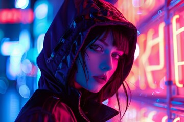 A young woman stands confidently with a hooded jacket, illuminated by colorful neon lights in a bustling city at night, creating an energetic atmosphere.