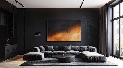 Minimalist watercolor painting on a matte black wall, creating a striking focal point in an otherwise empty space