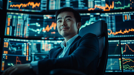 Confident asian financial professional analysing stock market data on multiple digital screens