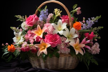 Obraz premium A wicker basket filled with a variety of vibrant flowers including roses, daisies, and lilies, arranged in a visually appealing manner