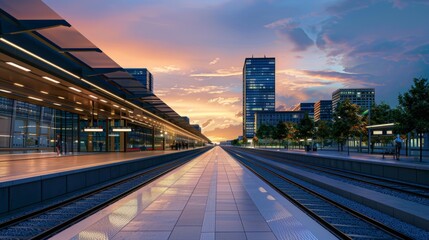 A train station with a large building in the background