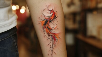 Abstract phoenix tattoo on arm.