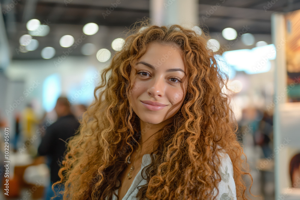 Wall mural female model with curly hair is smiling at the camera