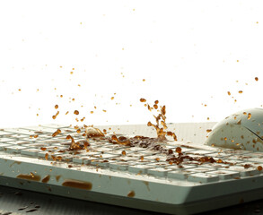 Morning Coffee spill on keyboard mouse and splashing around. Black Coffee drink accident fall spill...