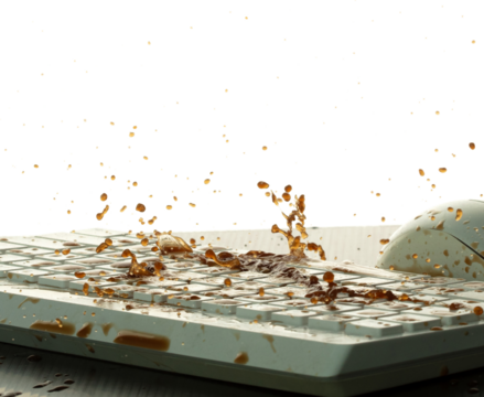 Morning Coffee spill on keyboard mouse and splashing around. Black Coffee drink accident fall spill all over keyboard computer. White background isolated element