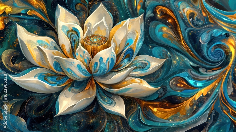 Wall mural A vibrant, abstract depiction of a lotus flower surrounded by swirling colors and patterns.