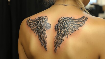 Intricate tattoo of angel wings.