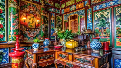Fototapeta premium Vintage Chinese Decor in Retro Style with Traditional Elements and Colorful Patterns on Display