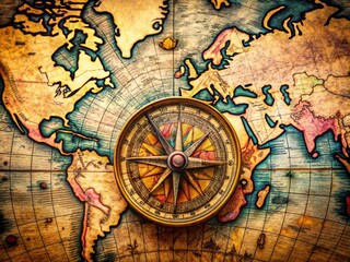 Fototapeta premium Vintage compass rose and detailed map design for navigation, travel, and exploration themes