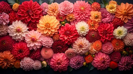 A vibrant floral arrangement featuring various types of flowers in shades of red, orange, and pink, arranged against a dark background.