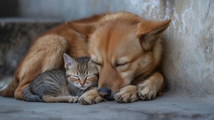 Dog and cat cuddling together, peaceful moment, warm colors