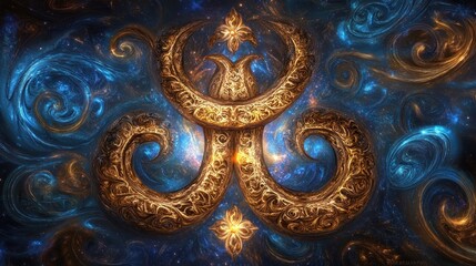 A cosmic design featuring ornate golden patterns against a swirling blue background.